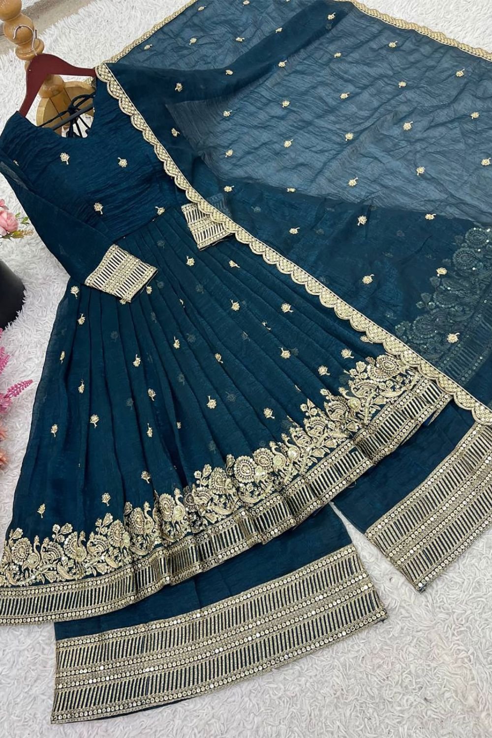 Blue Captivating Heavy Silk Salwar Kameez Heavy Sequins SFROY544502R