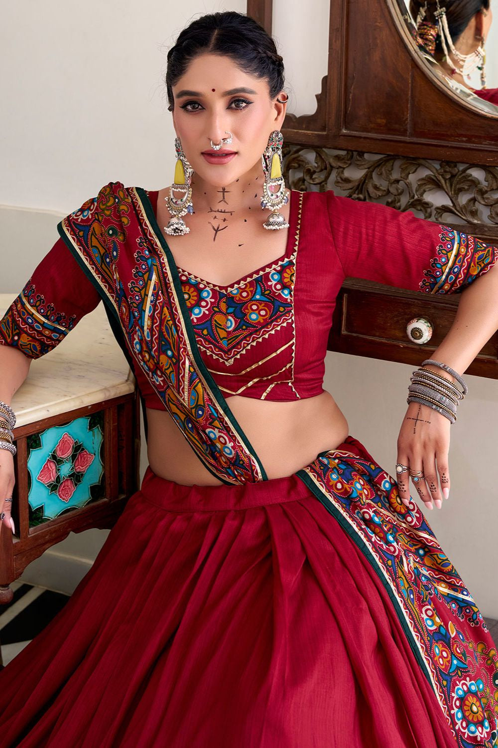Red Tussar Silk Navratri Lehenga Choli SFROY548704R