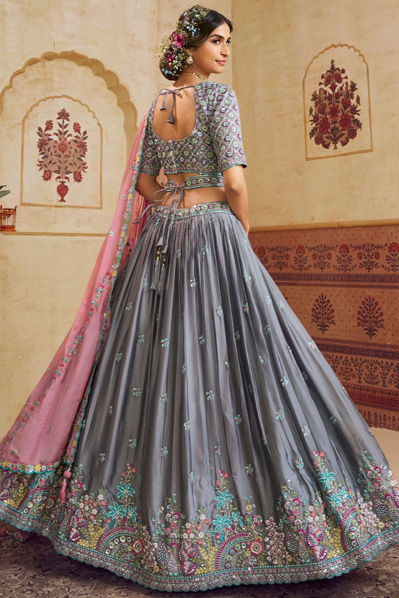 Grey Silk Lehenga Choli - SFROY553902