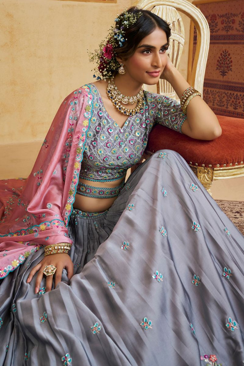 Grey Silk Lehenga Choli - SFROY553902