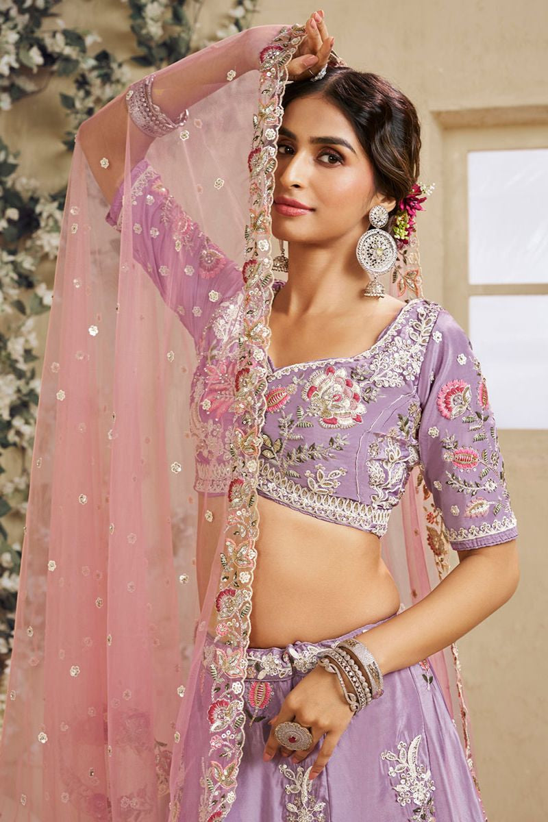 Purple Satin Lehenga Choli - SFROY553906