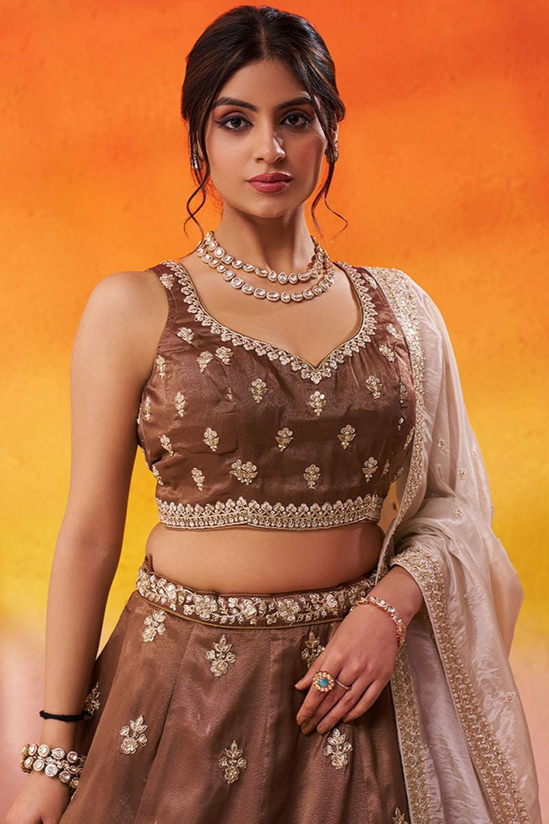 Brown Tissue Wedding Lehenga Choli SFROY565701