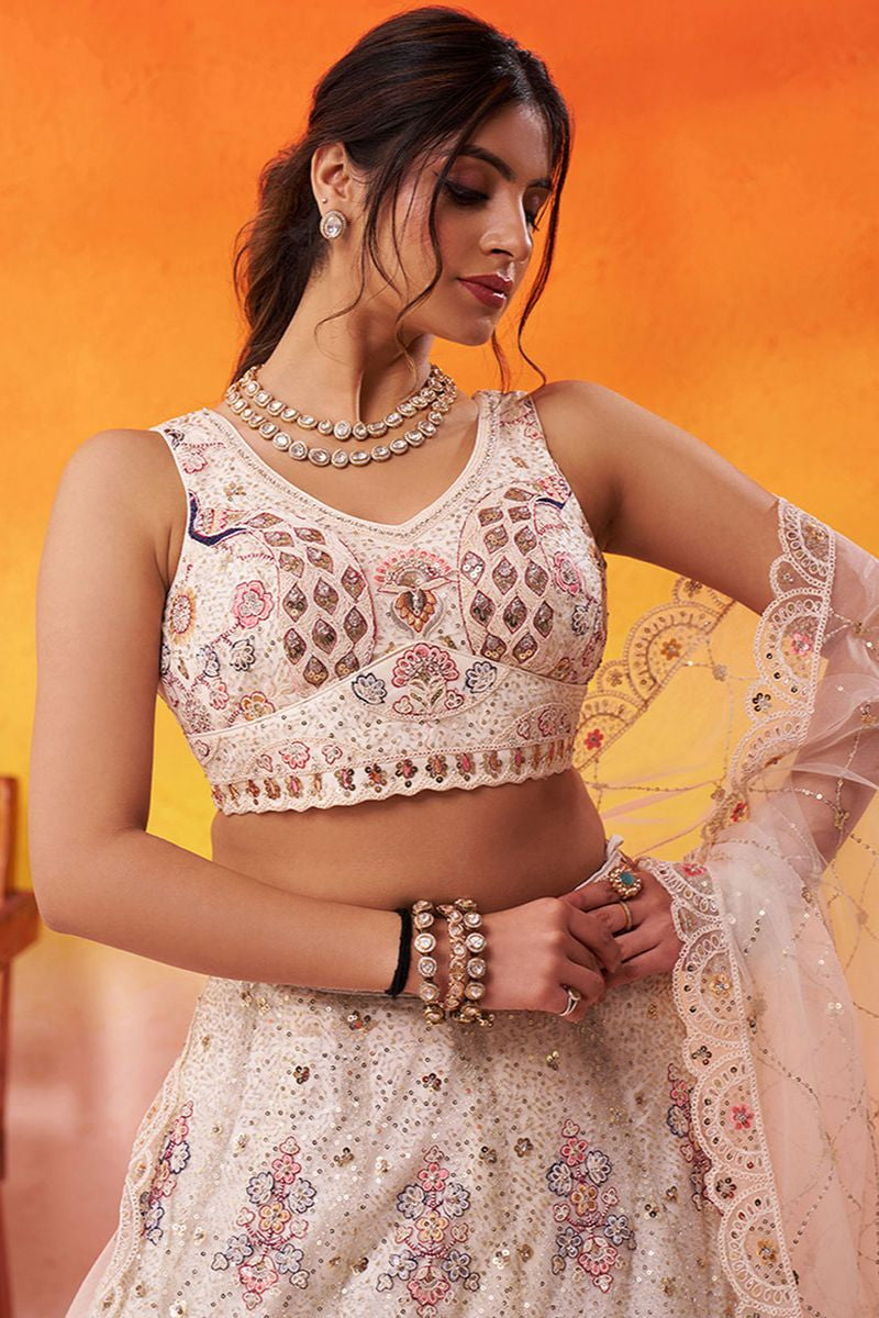 Off White Net Lehenga Choli - SFROY565710