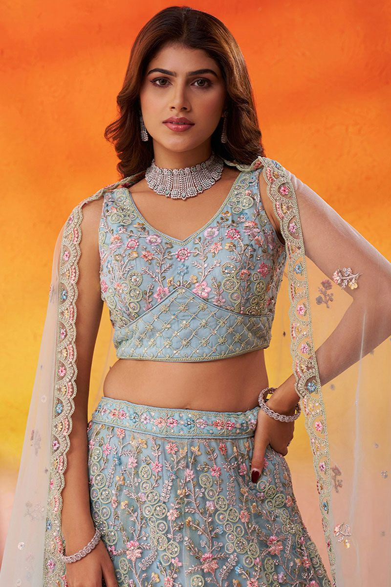 Blue Net Lehenga Choli - SFROY565717