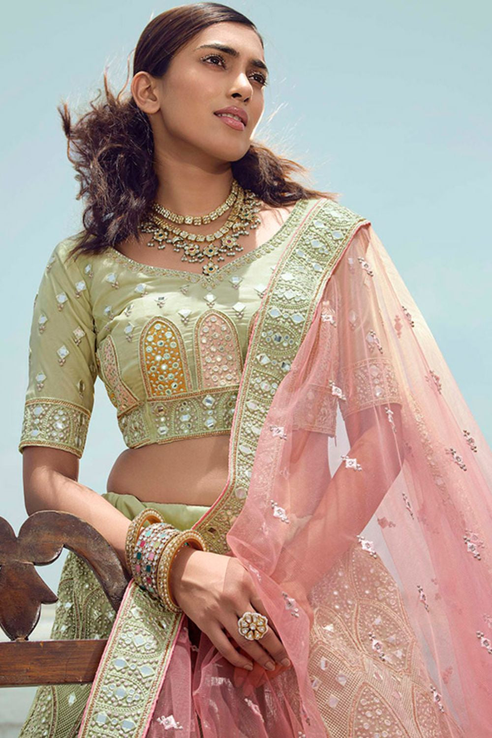 Green Organza Wedding Lehenga Choli SFARY15104