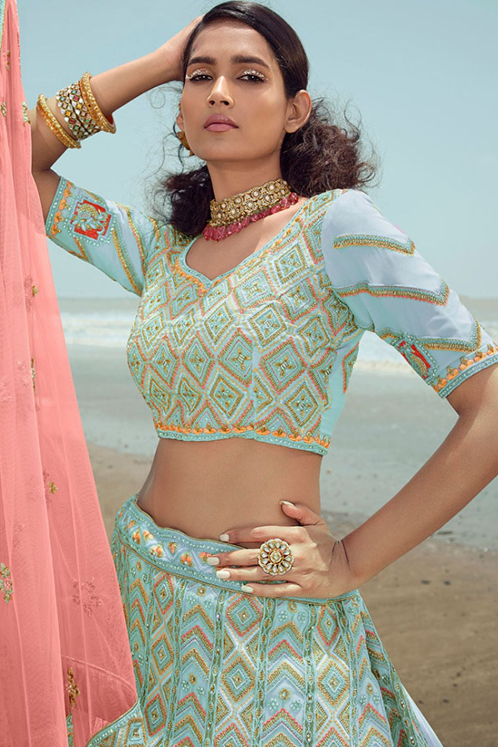 Blue Georgette Wedding Party Lehenga Choli SFARY15113