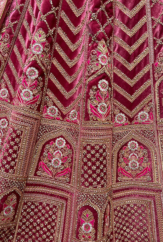 Regal Pink Velvet Wedding Reception Lehenga Set SFANJ2468