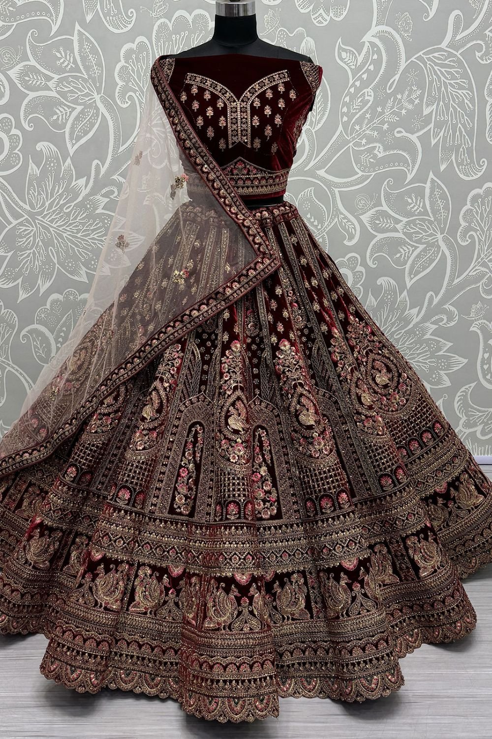 Red Refined Velvet Engagement Lehenga Choli SFANJ3012