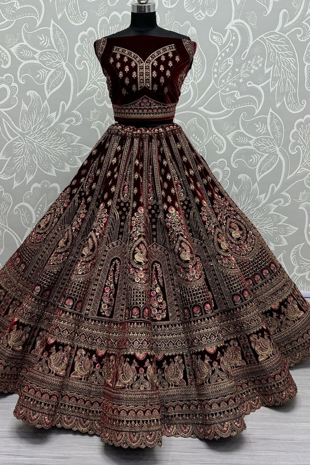 Red Refined Velvet Engagement Lehenga Choli SFANJ3012