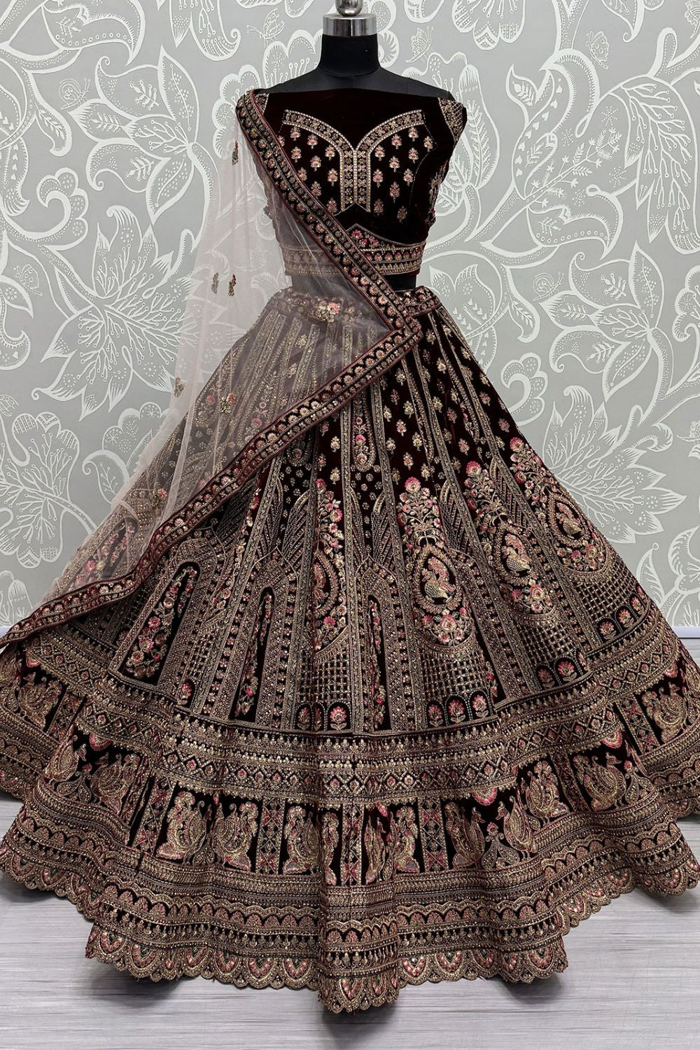 Maroon Refined Velvet Engagement Lehenga Choli SFANJ3014