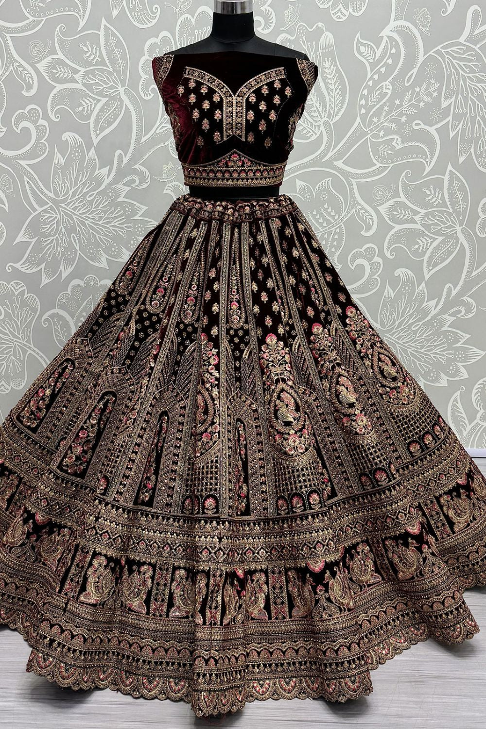 Maroon Refined Velvet Engagement Lehenga Choli SFANJ3014