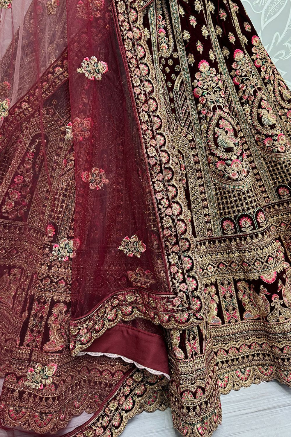 Maroon Refined Velvet Engagement Lehenga Choli SFANJ3014