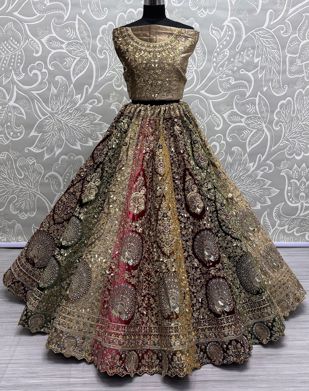 Beige Velvet Bridal Wedding Lehenga Choli SFANJ2938