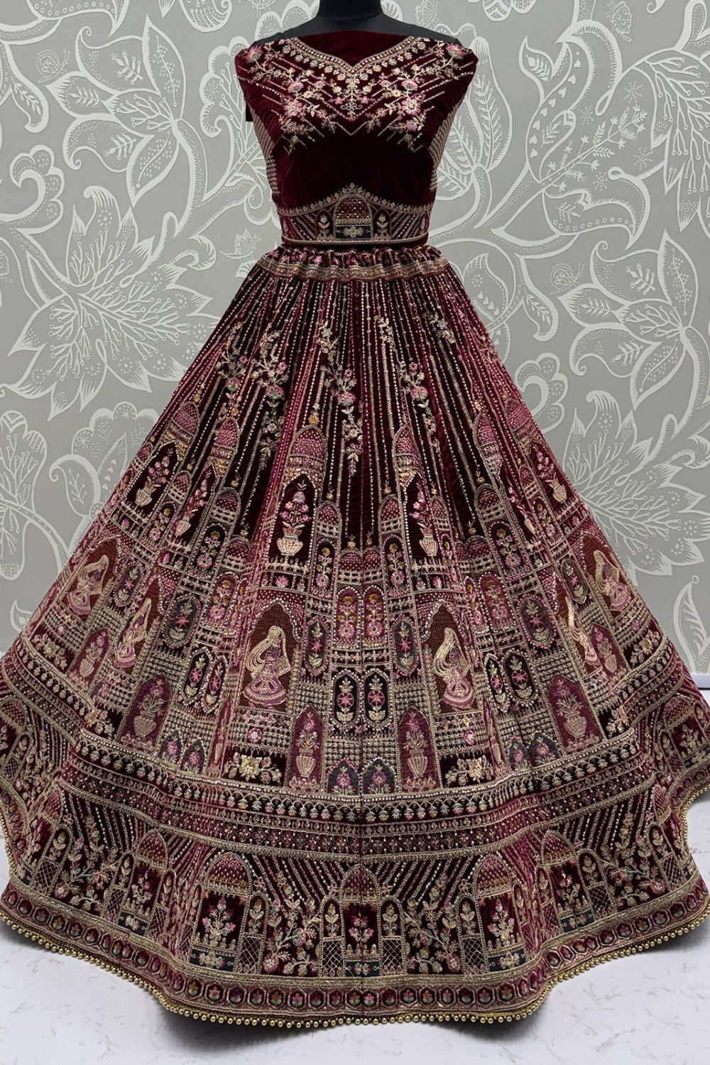 Maroon Heavy Bridal Velvet Lehenga Choli - SFANJ3139