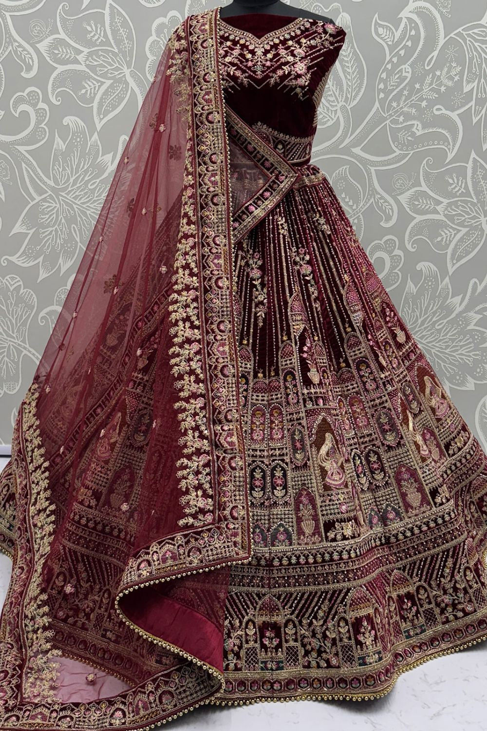 Maroon Heavy Bridal Velvet Lehenga Choli - SFANJ3139