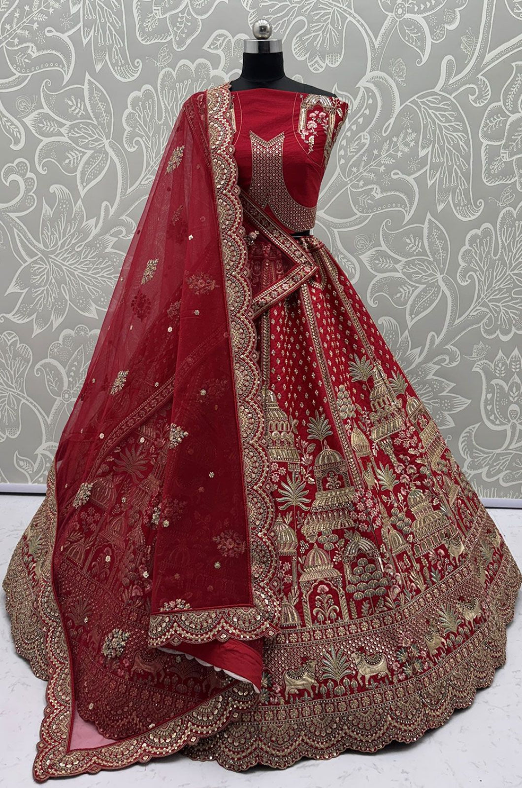 Hand Finished Luxury Red Silk Lehenga Choli SFANJ3229