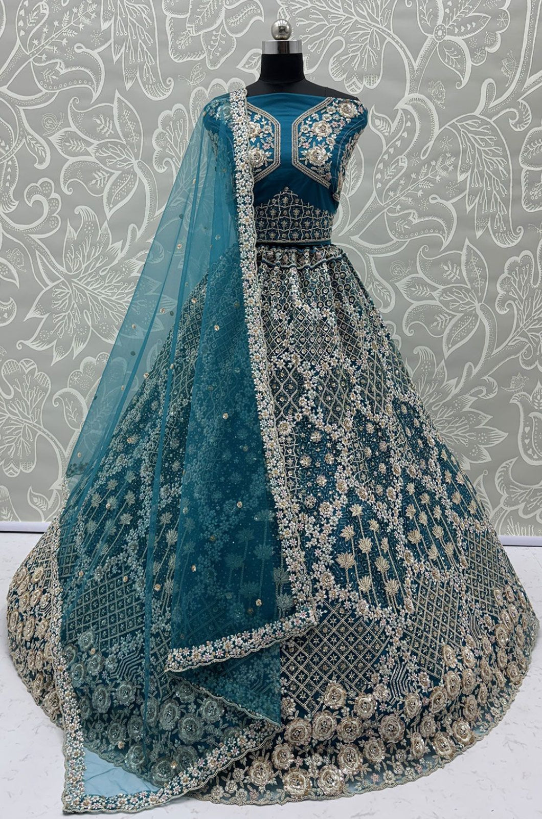 Firozi Net Luminous Wedding Reception Lehenga Choli SFANJ3233