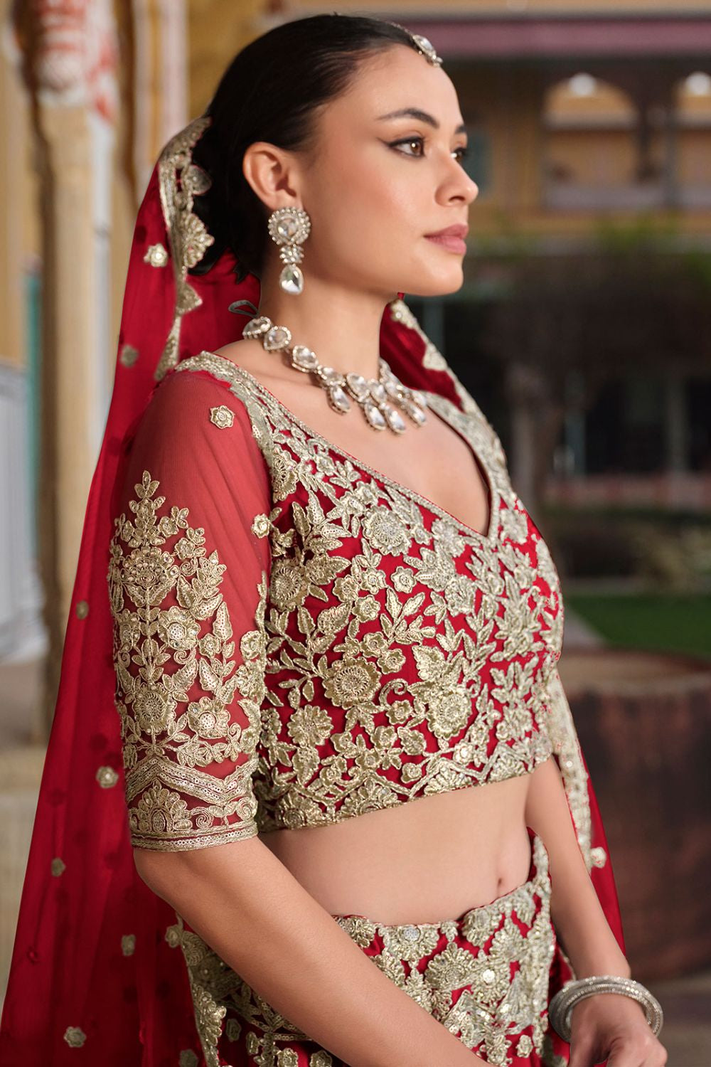 Red Gold Embroidered Net Bridal Lehenga Choli SFSA478904