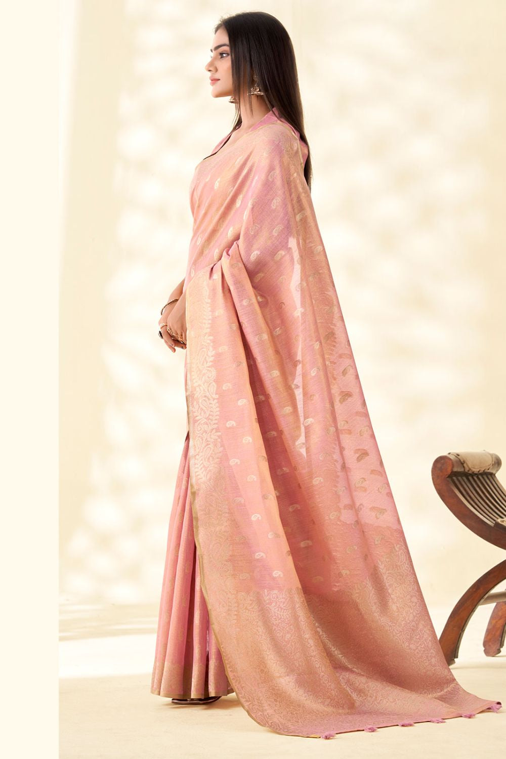 Pink Tissue Silk Party Saree With Blouse SFSJDN31605