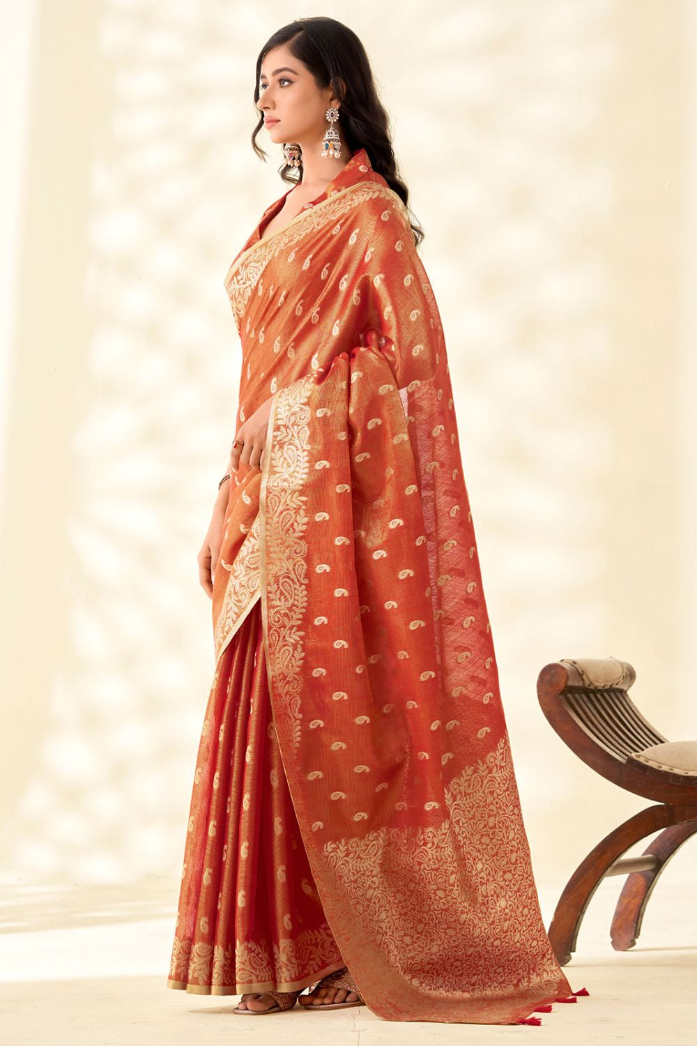 Red Tissue Silk Party Saree With Blouse SFSJDN31606