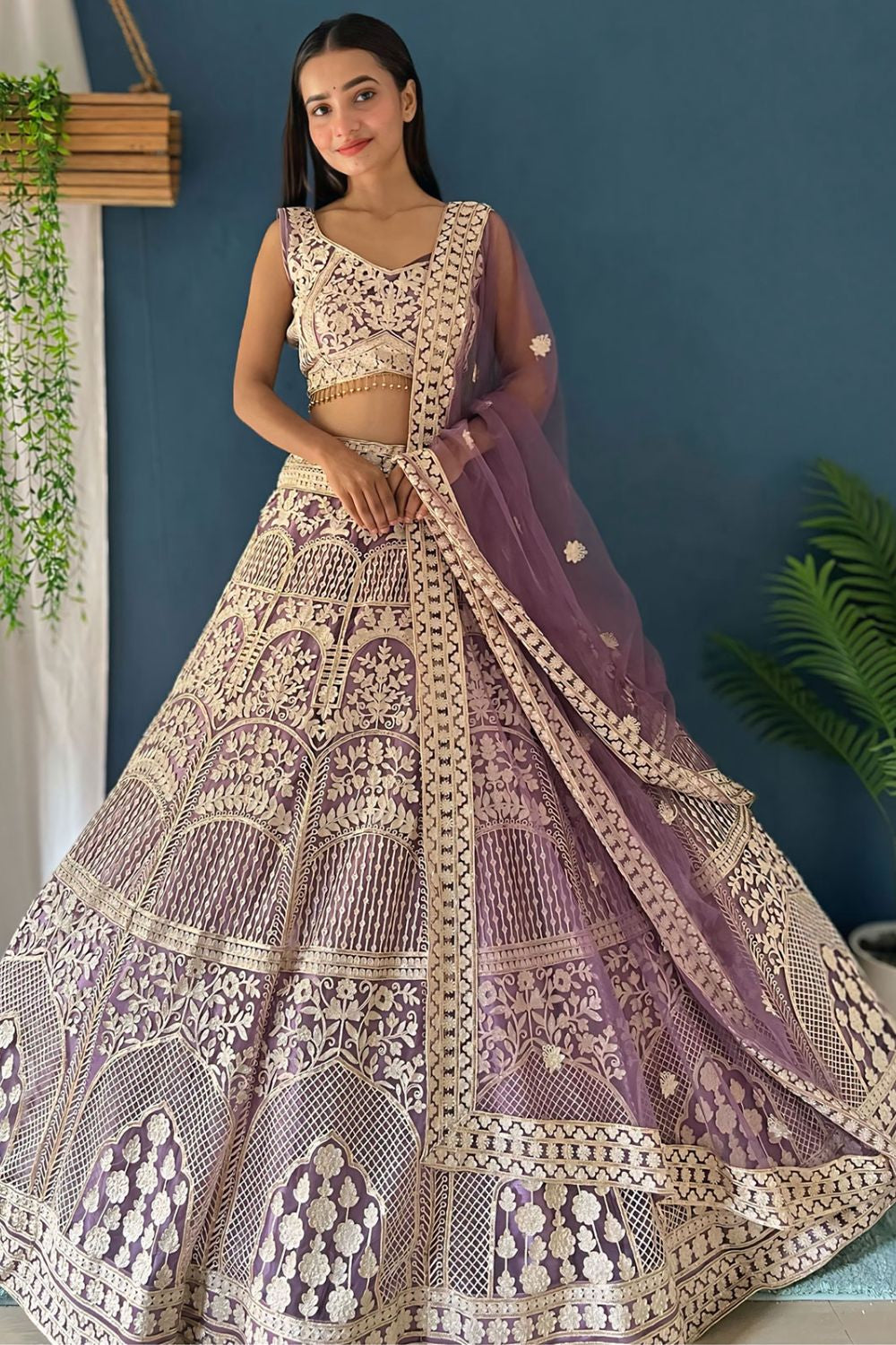 Purple Net Lehenga Choli With Zari And Resham Work SFRELS3803