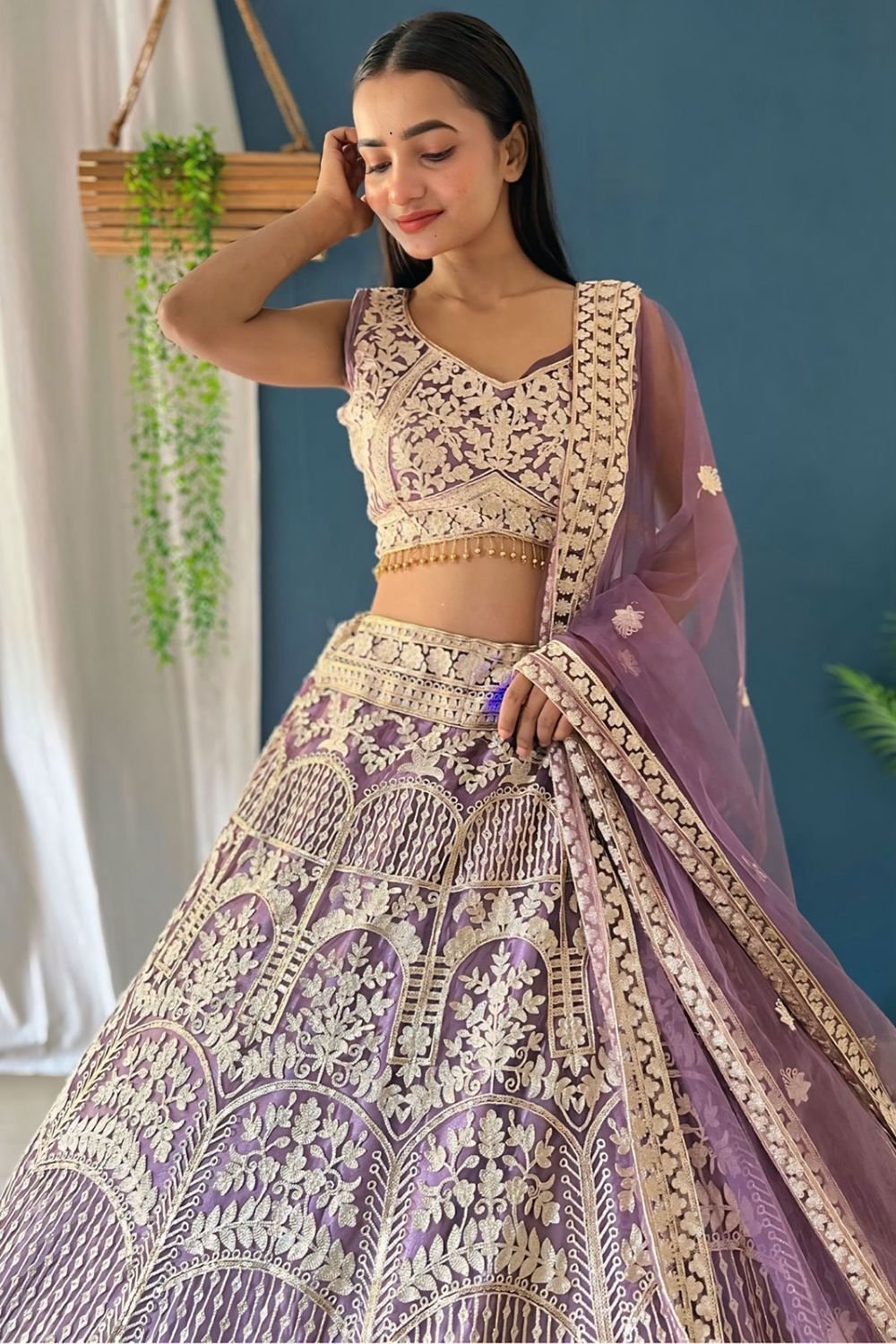 Purple Net Lehenga Choli With Zari And Resham Work SFRELS3803