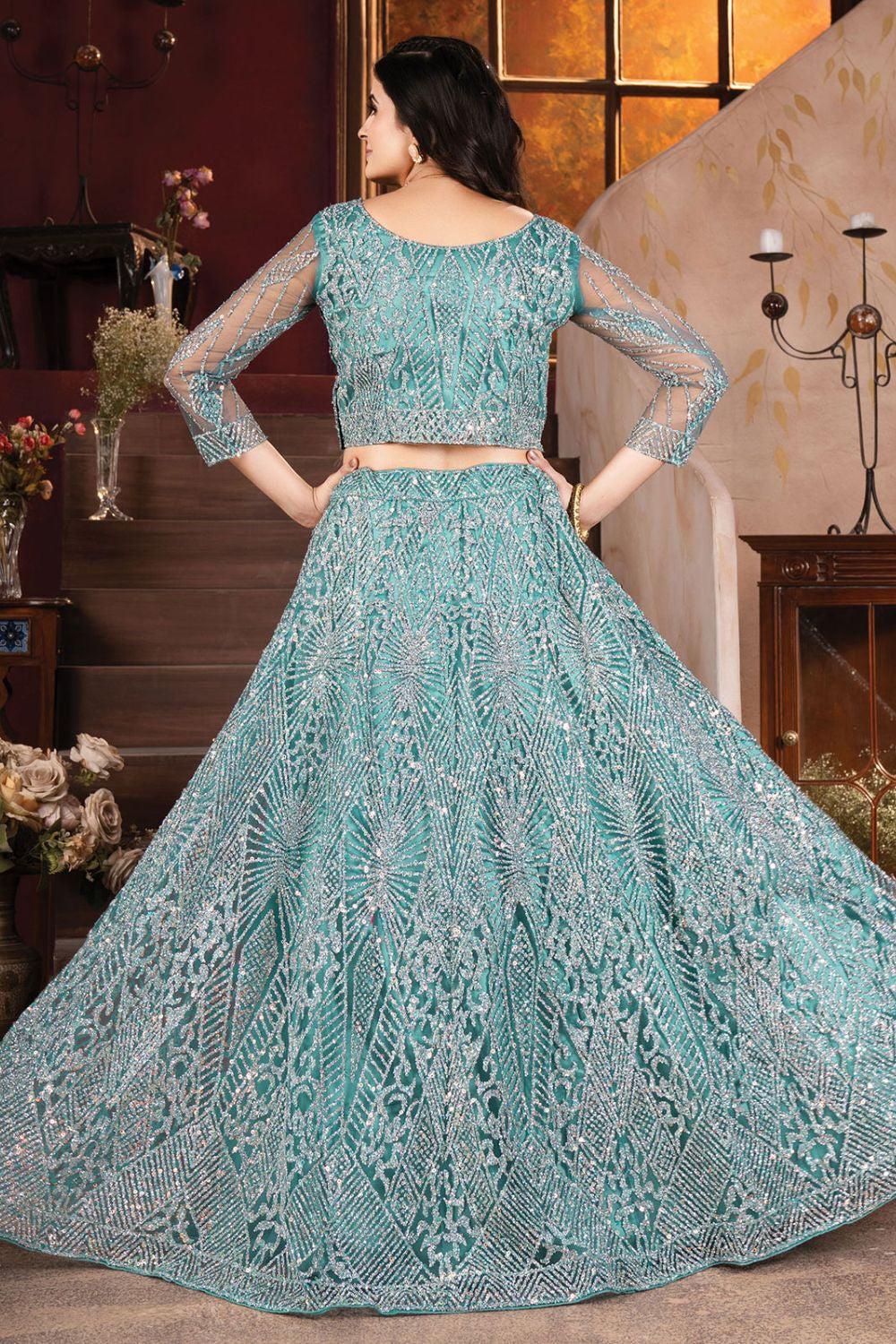 Blue Net Lehenga Choli With Zari And Resham Work SFRELS3804