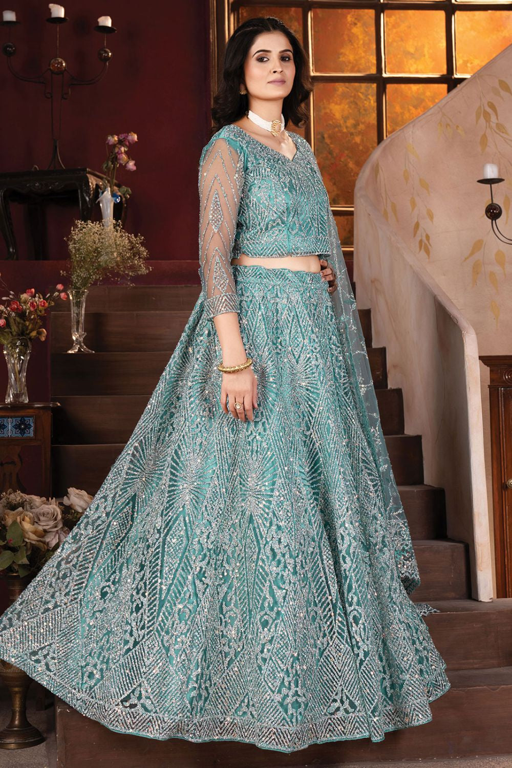 Blue Net Lehenga Choli With Zari And Resham Work SFRELS3804