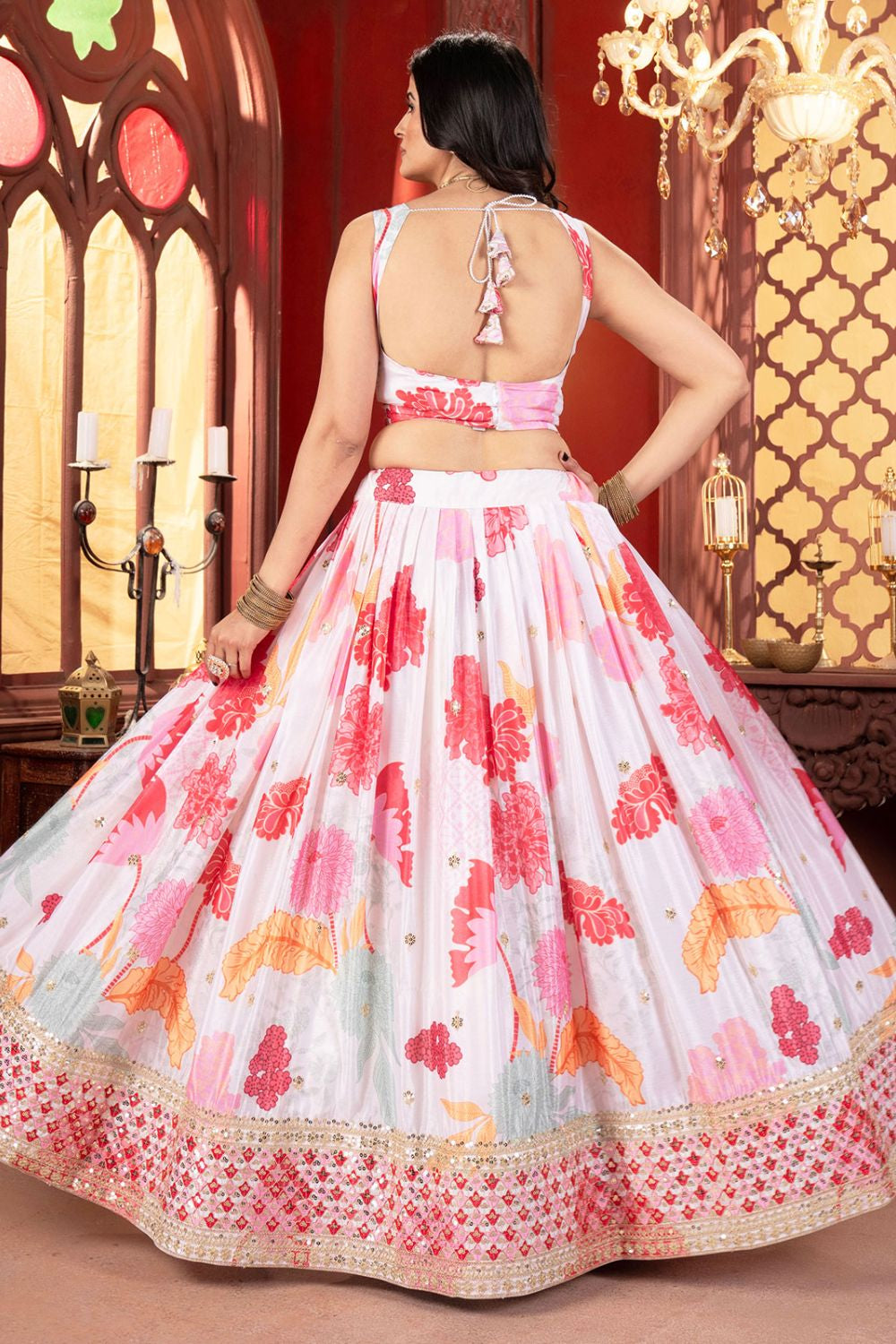 Off White Chiffon Foral Lehenga Choli SFRELS3809