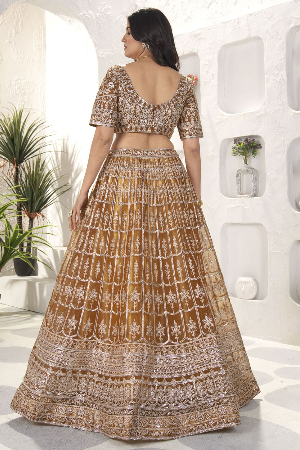 Brown Net Lehenga Choli With Zari And Resham Work SFRELS3810