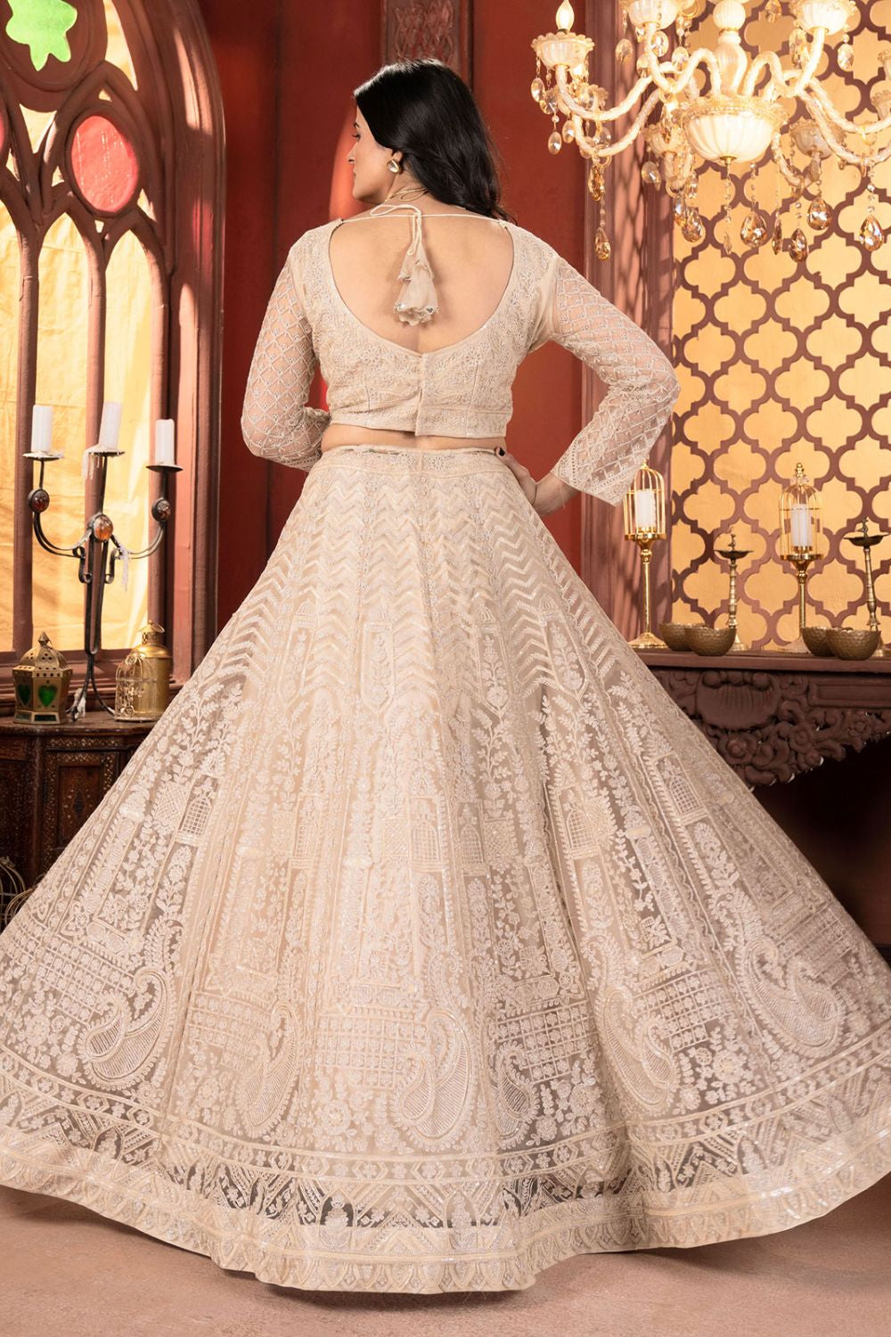 Beige Net Lehenga Choli With Zari And Resham Work SFRELS3811