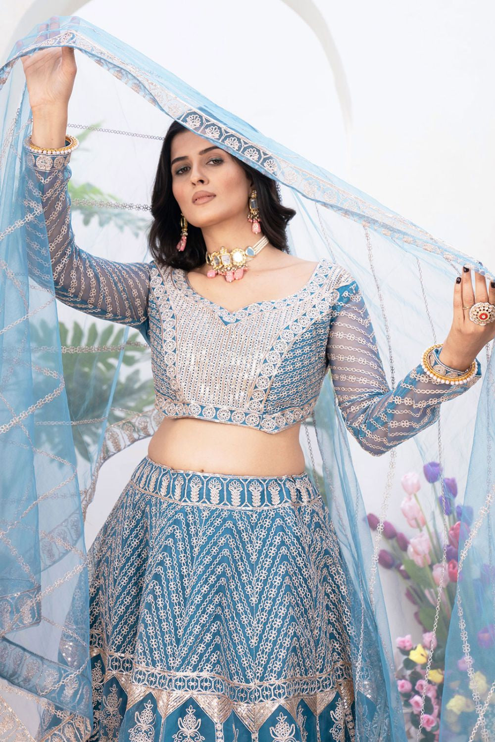 Blue Net Lehenga Choli SFRELS3812