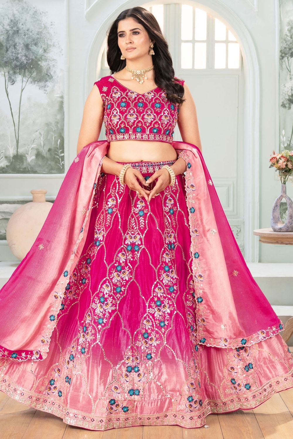 Pink Chinnon Lehenga Choli Party Lehenga SFRELS4601