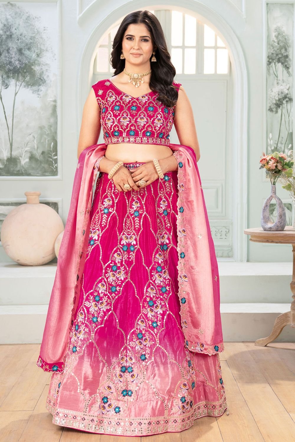 Pink Chinnon Lehenga Choli Party Lehenga SFRELS4601