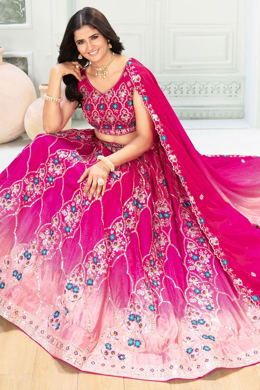 Pink Chinnon Lehenga Choli Party Lehenga SFRELS4601