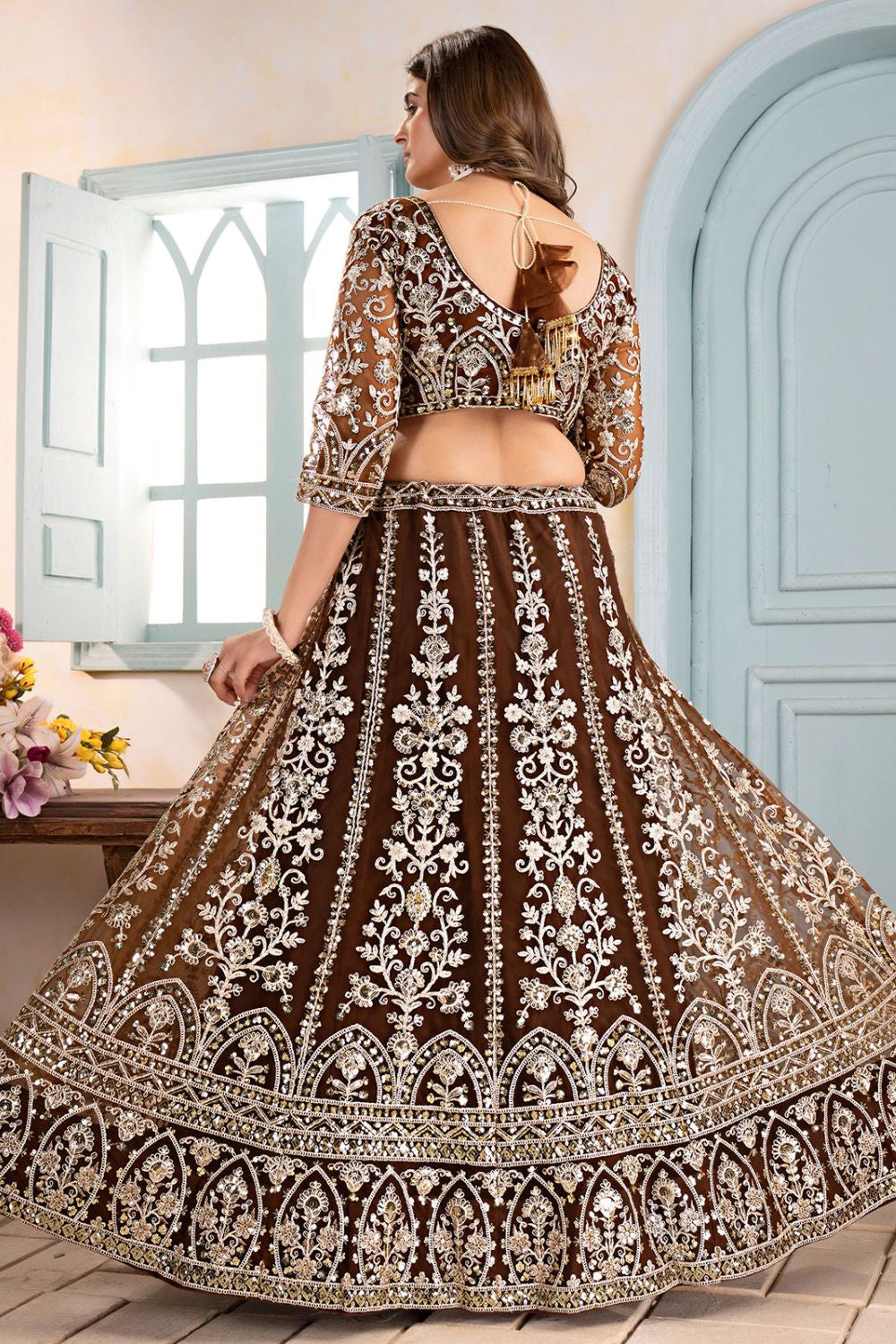 Brown Net Lehenga Choli - SFRELS5608
