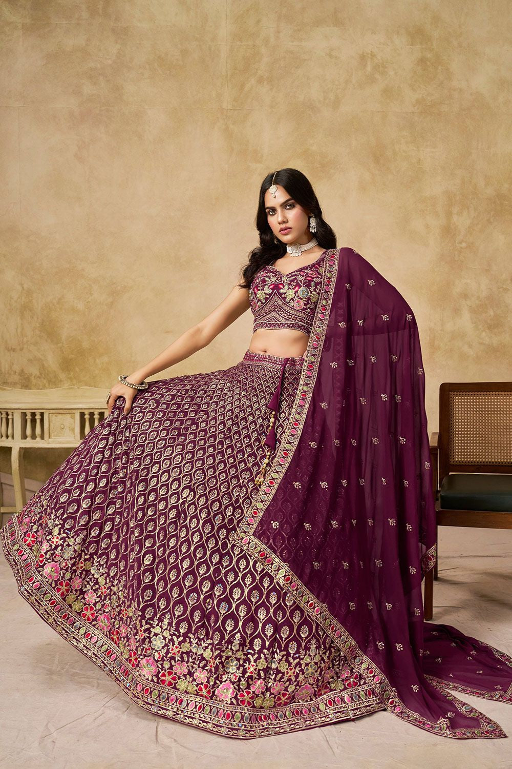Maroon Georgette Sangeet Party Lehenga Choli SFZC5403
