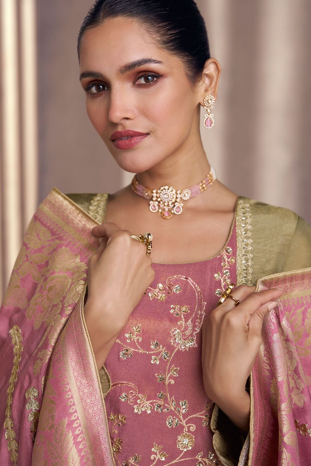 Beige Sangeet Salwar Kameez In Shimmer Silk SFSMT40901R