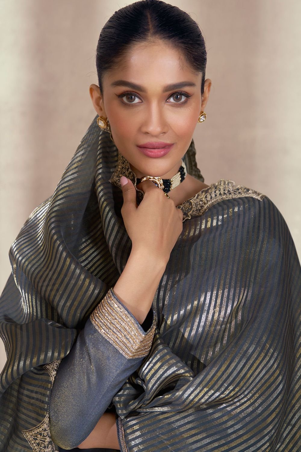 Grey Sangeet Salwar Kameez In Shimmer Silk SFSMT40902R