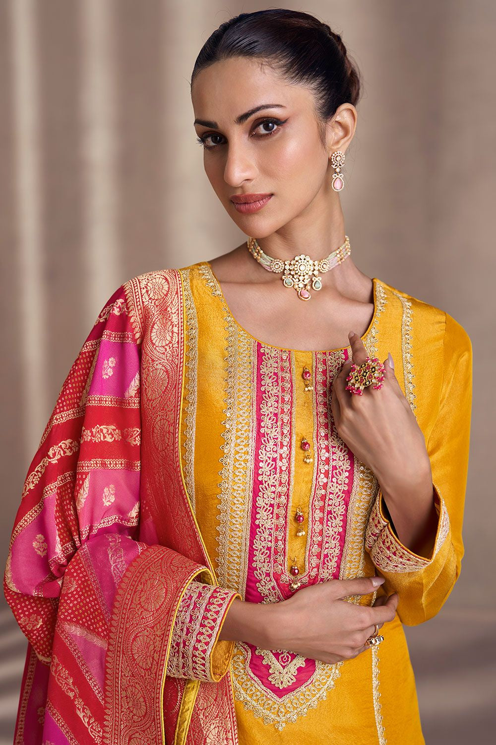 Yellow Sangeet Salwar Kameez In Shimmer Silk SFSMT40903R
