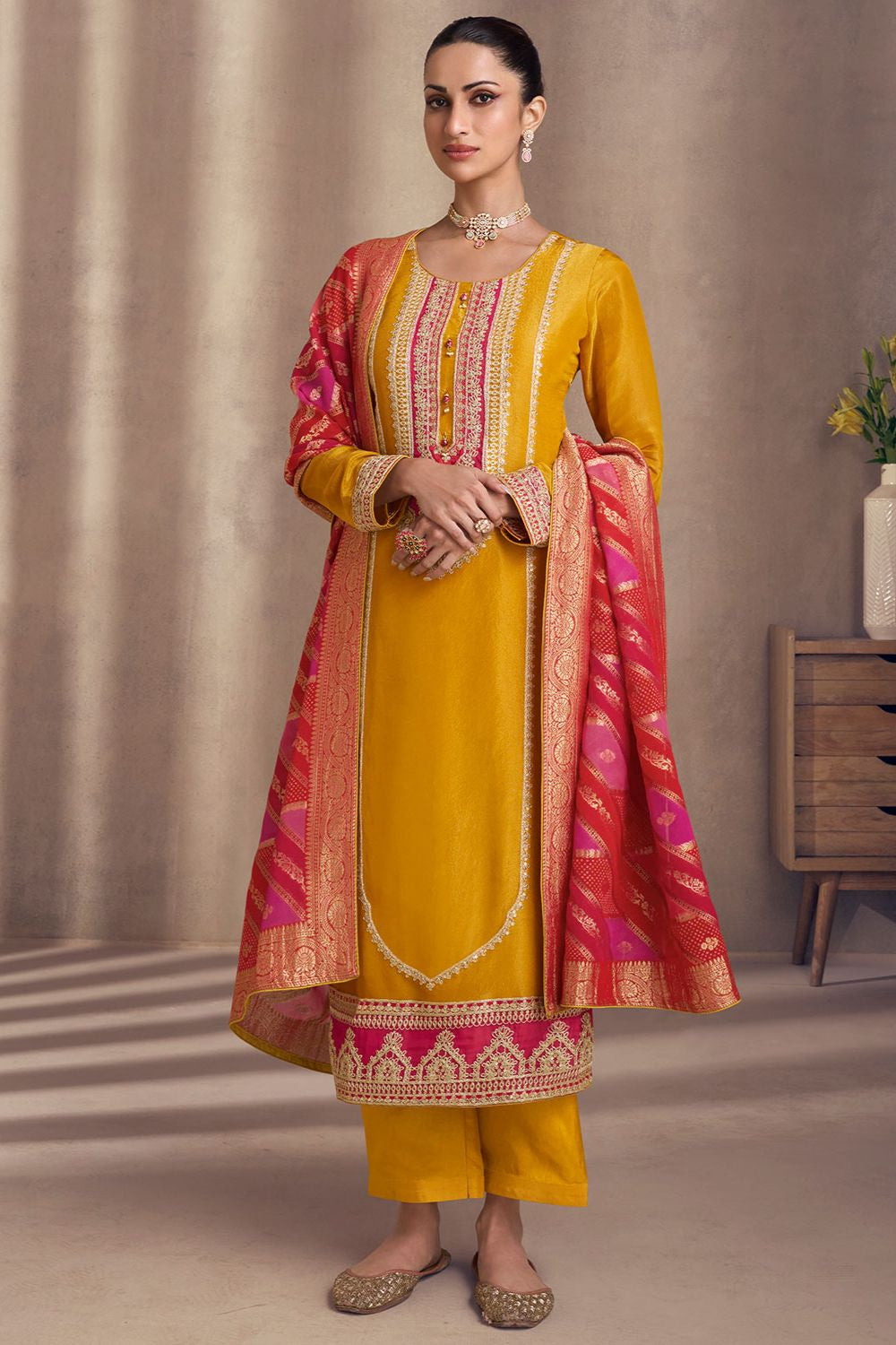 Yellow Sangeet Salwar Kameez In Shimmer Silk SFSMT40903R