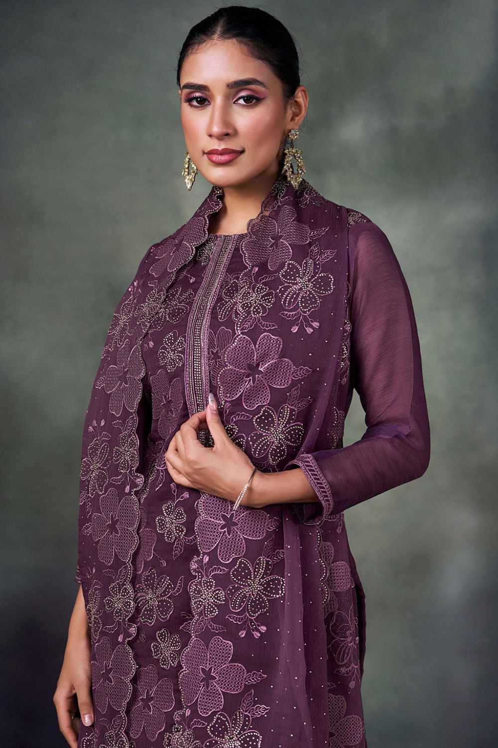 Burgundy Chiffon Plus Size Salwar Kameez Swarovski Work SFVPL30102