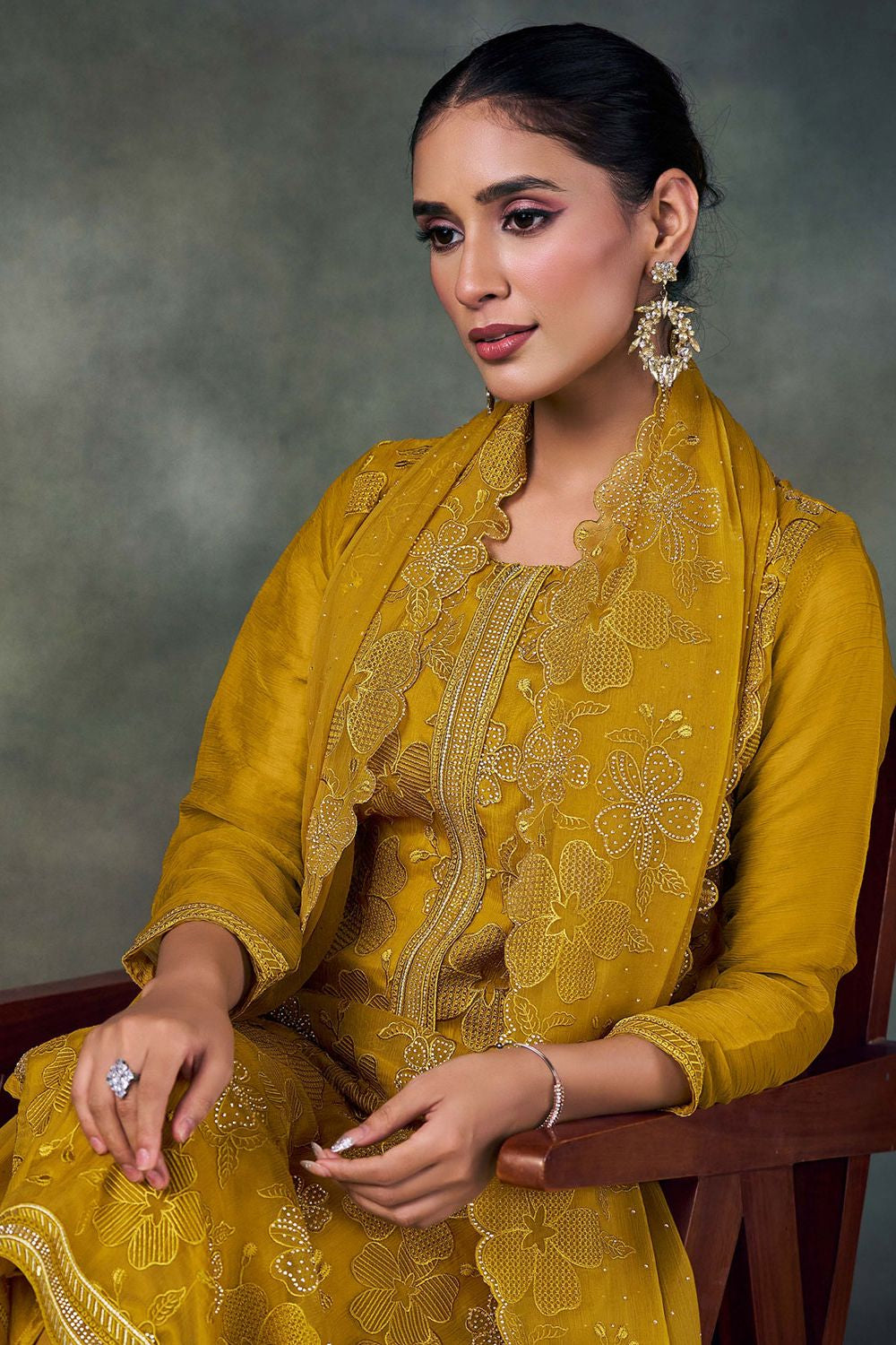 Yellow Chiffon Plus Size Salwar Kameez Swarovski Work SFVPL30103