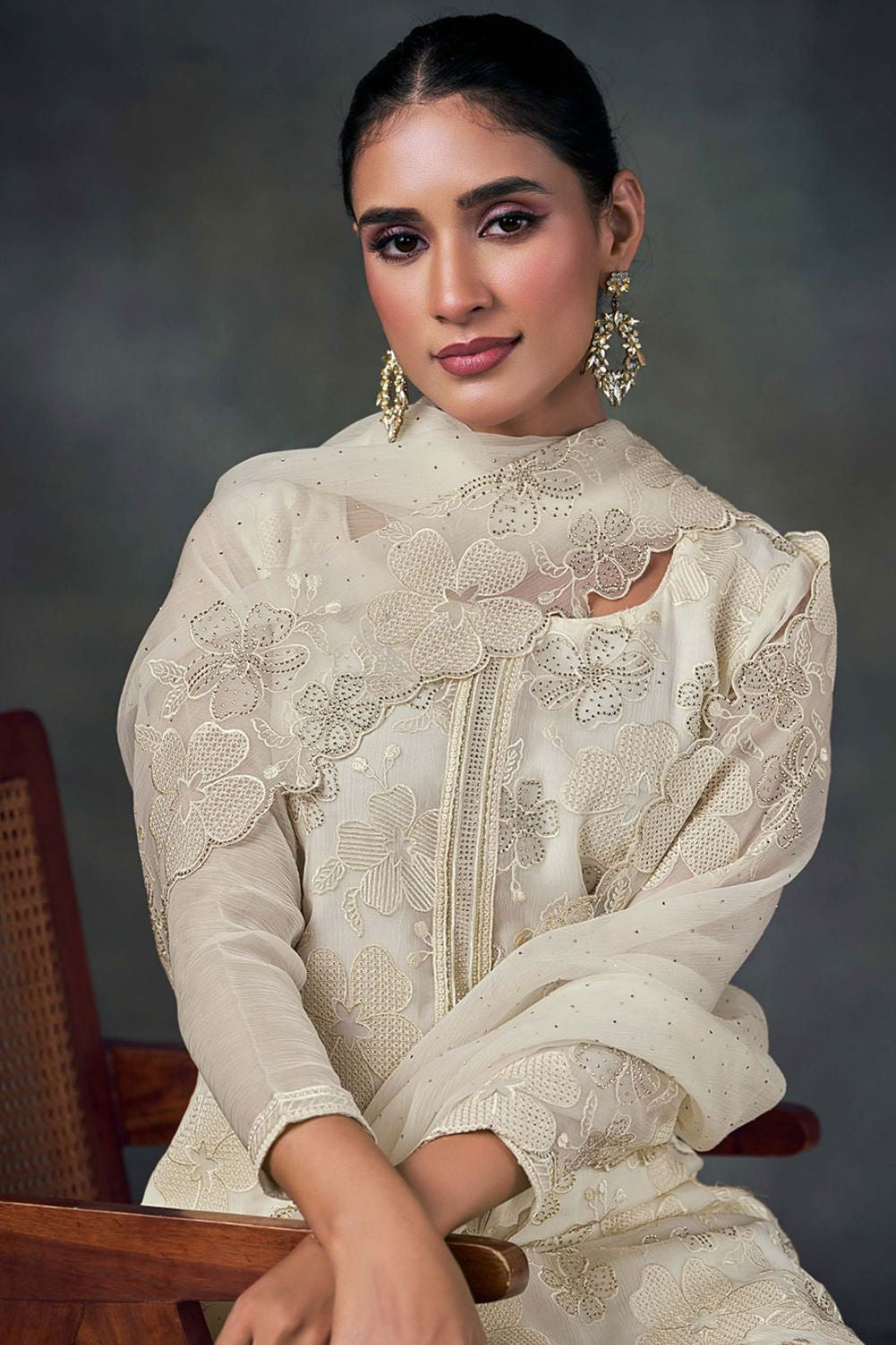White Chiffon Plus Size Salwar Kameez Swarovski Work SFVPL30104