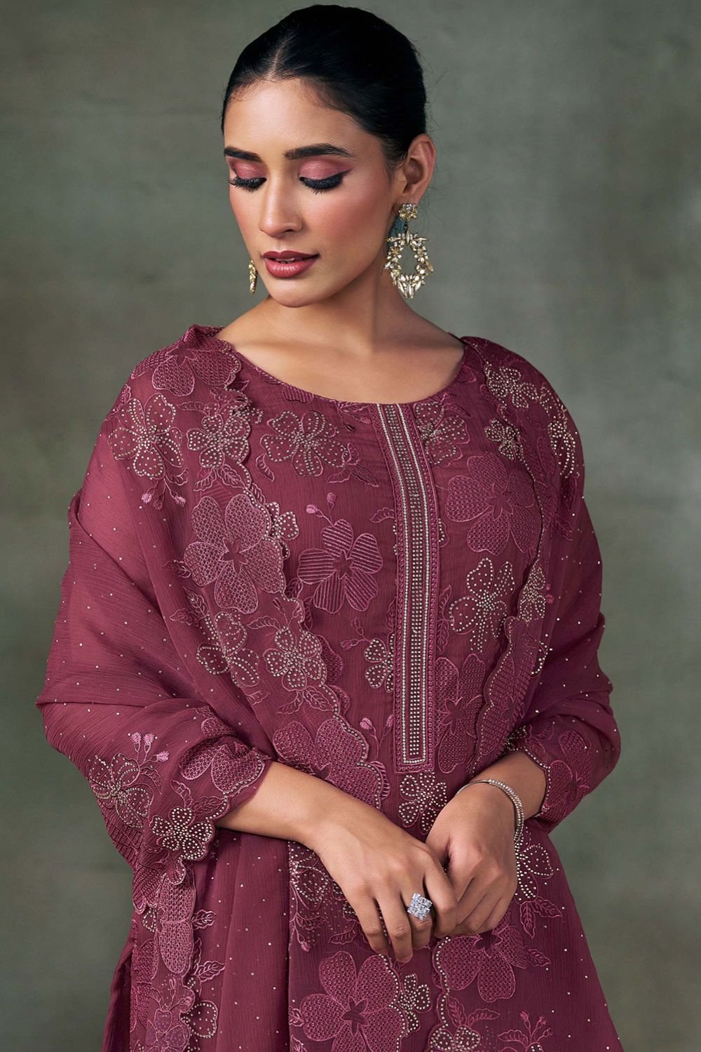 Maroon Chiffon Plus Size Salwar Kameez Swarovski Work SFVPL30106