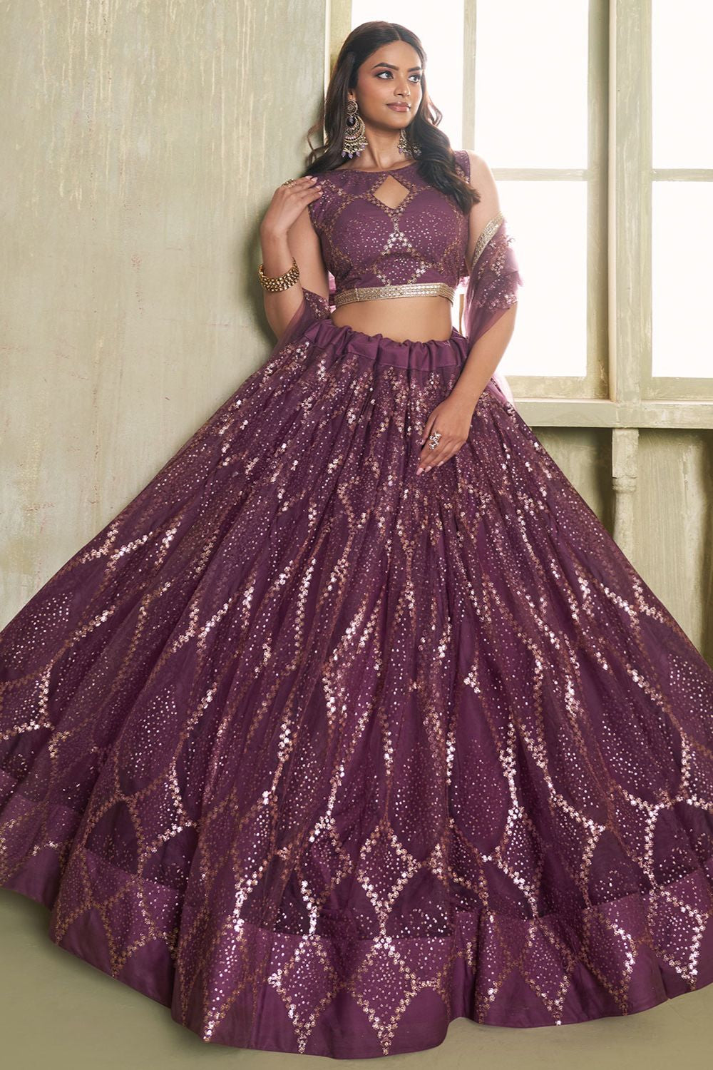 Burgundy Evening Wedding Net Wedding Lehenga Choli SFSA482601