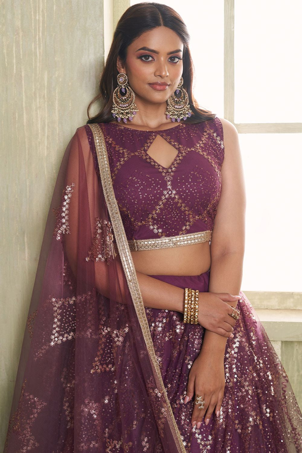 Burgundy Evening Wedding Net Wedding Lehenga Choli SFSA482601