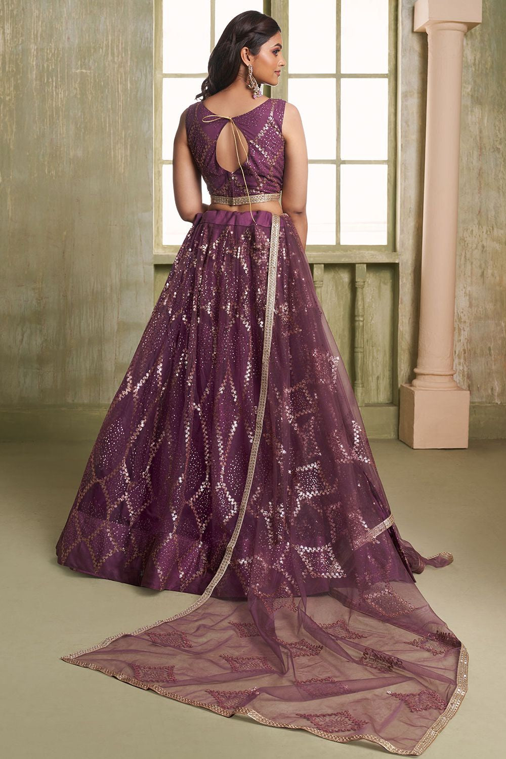 Burgundy Evening Wedding Net Wedding Lehenga Choli SFSA482601