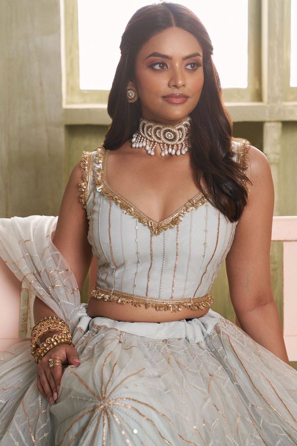 White Evening Wedding Net Wedding Lehenga Choli SFSA482602