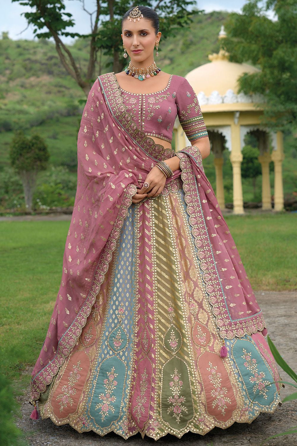 Pink Bridal Sangeet Silk Lehenga Choli Set SFSJDN25203